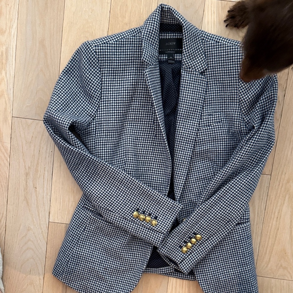 J.Crew Navy and White Houndstooth Blazer with Gold Buttons